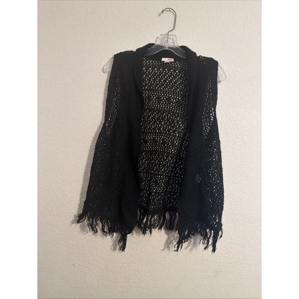 Bongo Sweater Cardigan Fringe Open Knit Black Lightweight Size L Gothic Boho